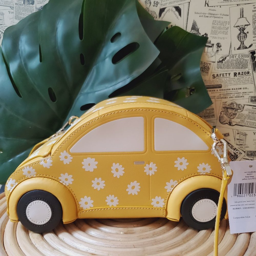 NWT KATE SPADE Beep Beep Yellow Daisy Beetle Bug Car Crossbody Purse Bag